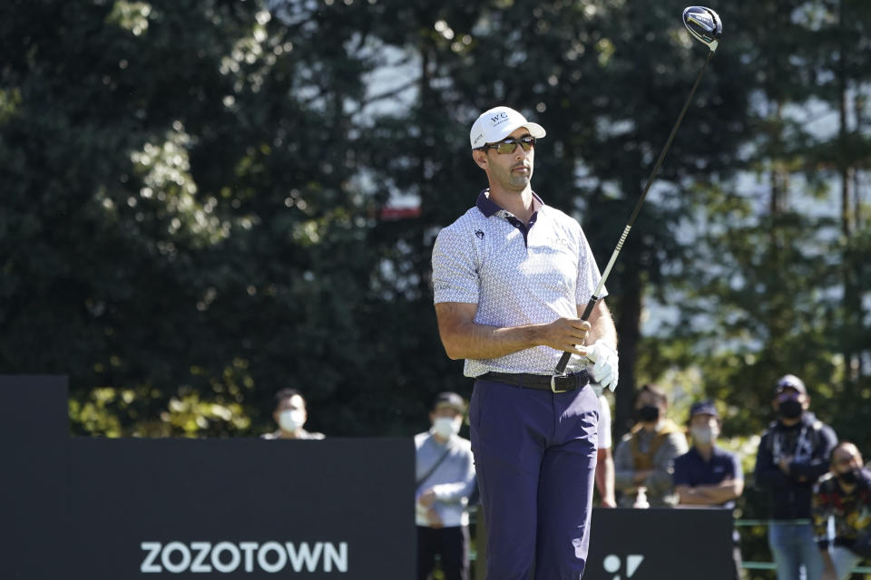 Cameron Tringale of the United States prepares to hit his tee shot on the fourth hole during the final round of the Zozo Championship golf tournament at Accordia Golf Narashino Country Club on Sunday, Oct. 24, 2021, in Inzai, Chiba Prefecture, Japan. (AP Photo/Tomohiro Ohsumi)