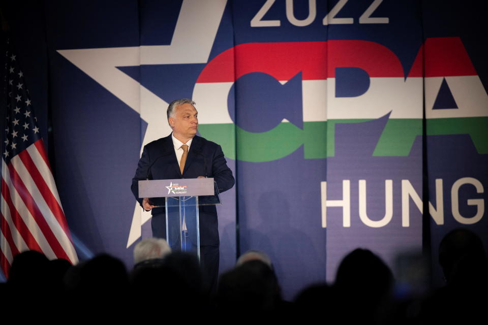 Hungary's Prime Minister Viktor Orban speaks at the Conservative Political Action Conference (CPAC) in Budapest, Hungary, May 19, 2022  / Credit: . Hungarian Prime Minister's Press Office/Zoltan Fischer/Handout via Reuters