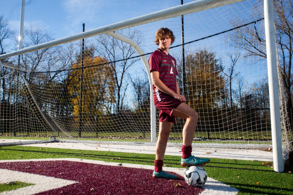 Holland Christian's Lake VanderPloeg poses for a portrait Tuesday, Nov. 14, 2023, at Holland Christian High School. VanderPloeg has been named The Sentinel's Soccer Player of The Year.