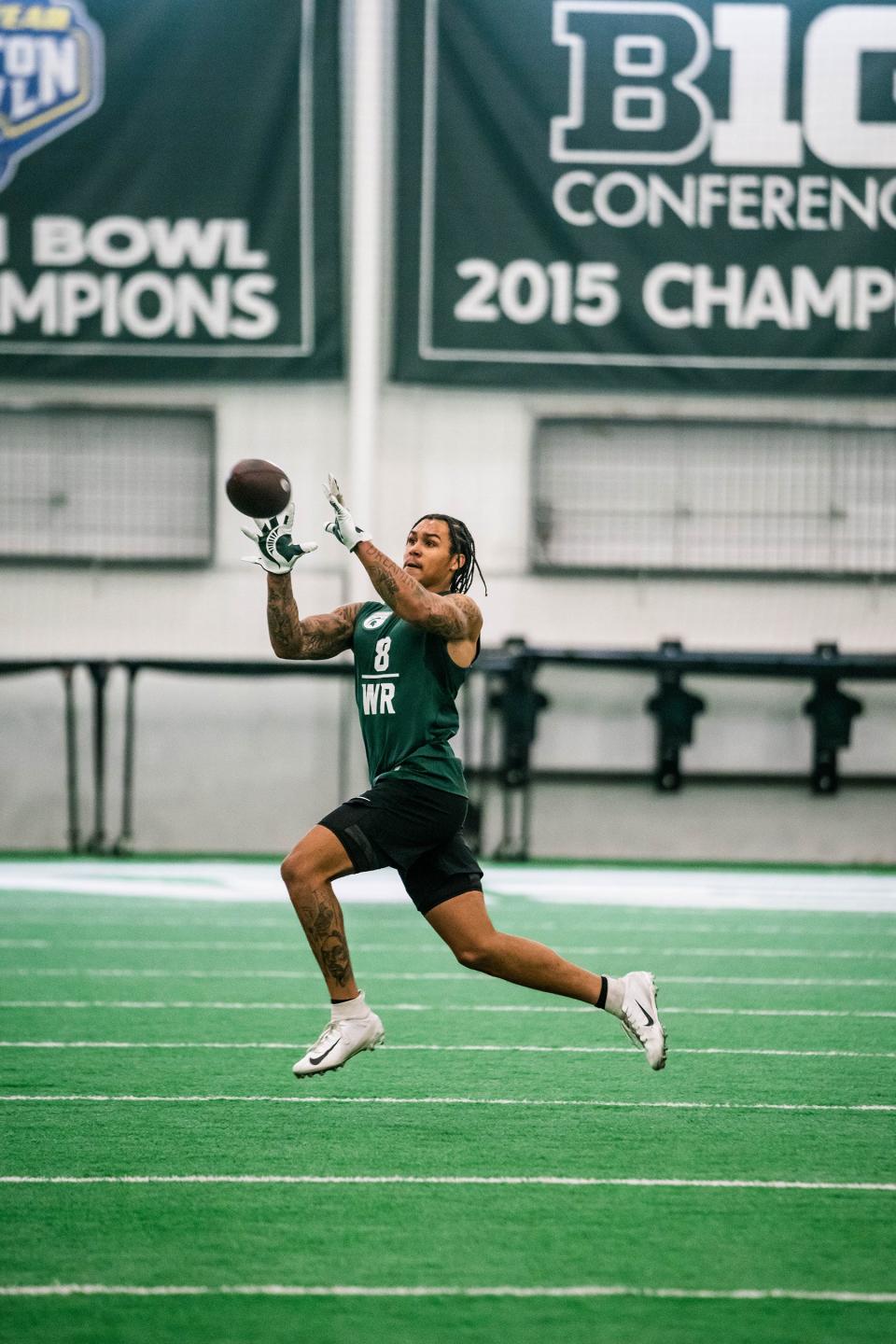Former Michigan State wide receiver Jalen Nailor works out during MSU's Pro Day on Wednesday, March 16, 2022, in East Lansing.