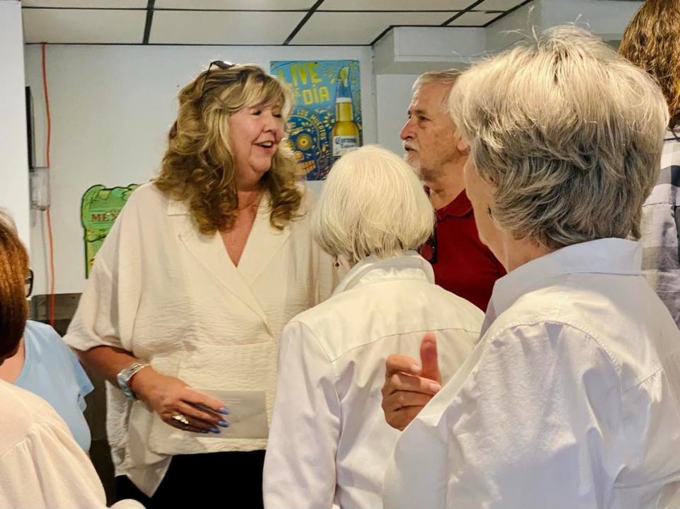 Rep. Gloria Johnson, D-Knoxville, met with nearly three dozen Cannon County Democrats at a restaurant in Woodbury on July 24, 2024. Johnson has visited more than 90 counties during her U.S. Senate campaign.