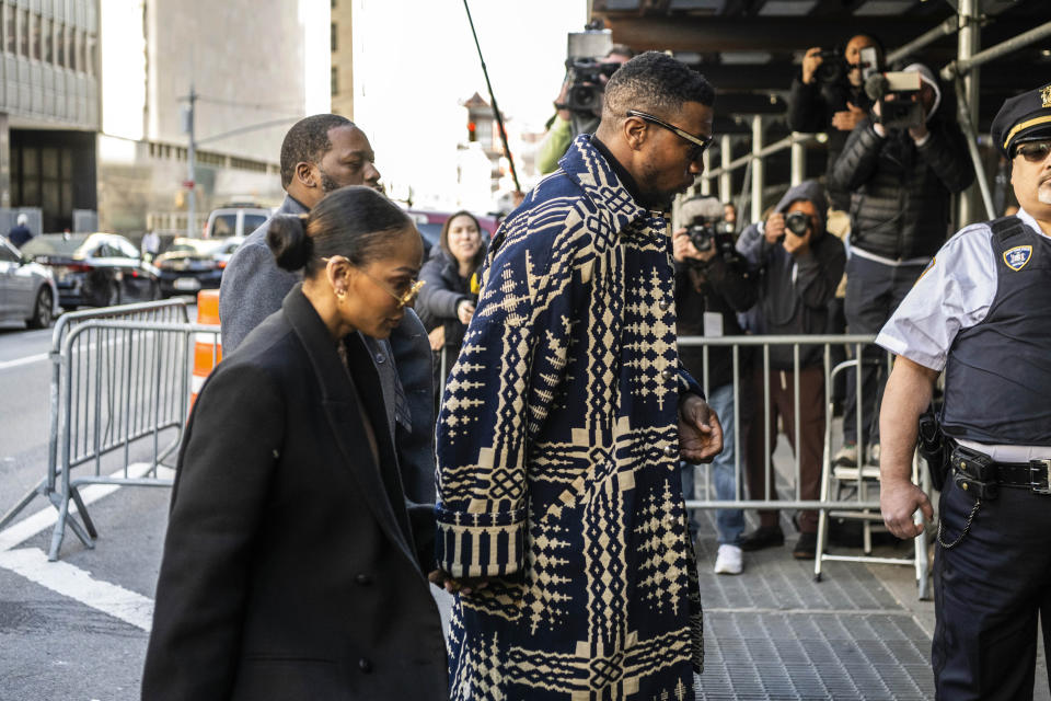 Actor Jonathan Majors and Meagan Good arrive at Criminal Court on Monday, April 8, 2024 in New York. (AP Photo/Brittainy Newman)
