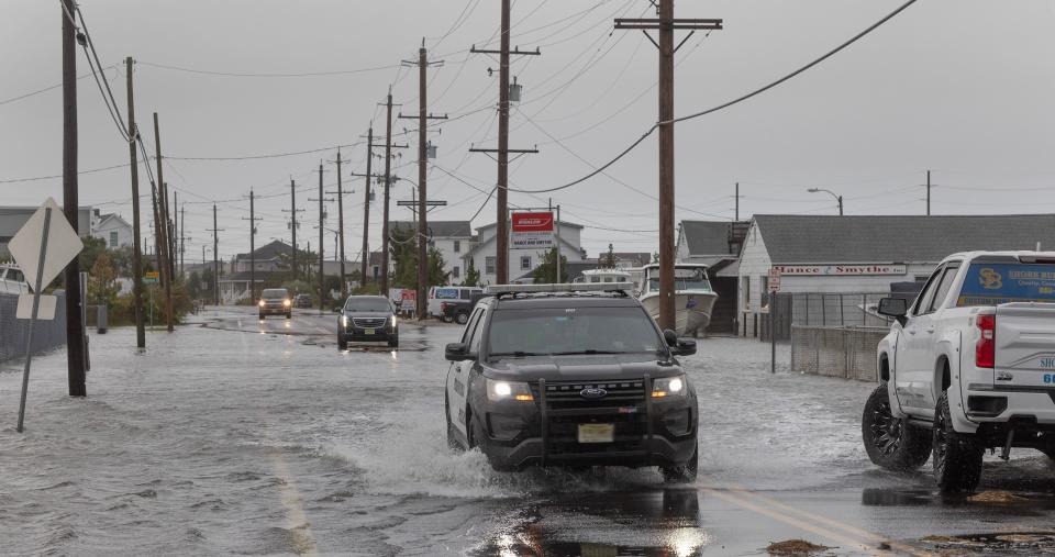 Flooding along East Bay Ave in Stafford in the Mud City section of the township. Tropical Storm Ophelia visits the Jersey Shore on September 23, 2023.