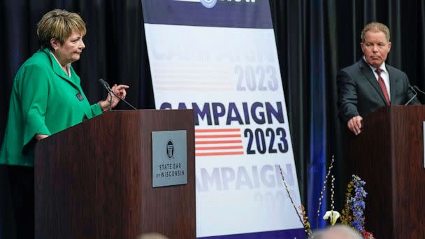 PHOTO: Wisconsin Supreme Court candidates Janet Protasiewicz, left, and Dan Kelly participate in a debate, March 21, 2023, in Madison, Wis. (Morry Gash/AP)