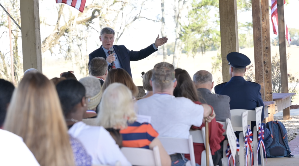 Mr. Gordon Stone, mayor of Pike Road, Alabama, thanks all veterans and their families for attending the 11th Annual Veterans Appreciation Ceremony at Veterans Park, Pike Rd, Alabama, Nov. 6, 2022. The community comes together once a year to share their respected admiration for the men and women who have sacrificed for the country.