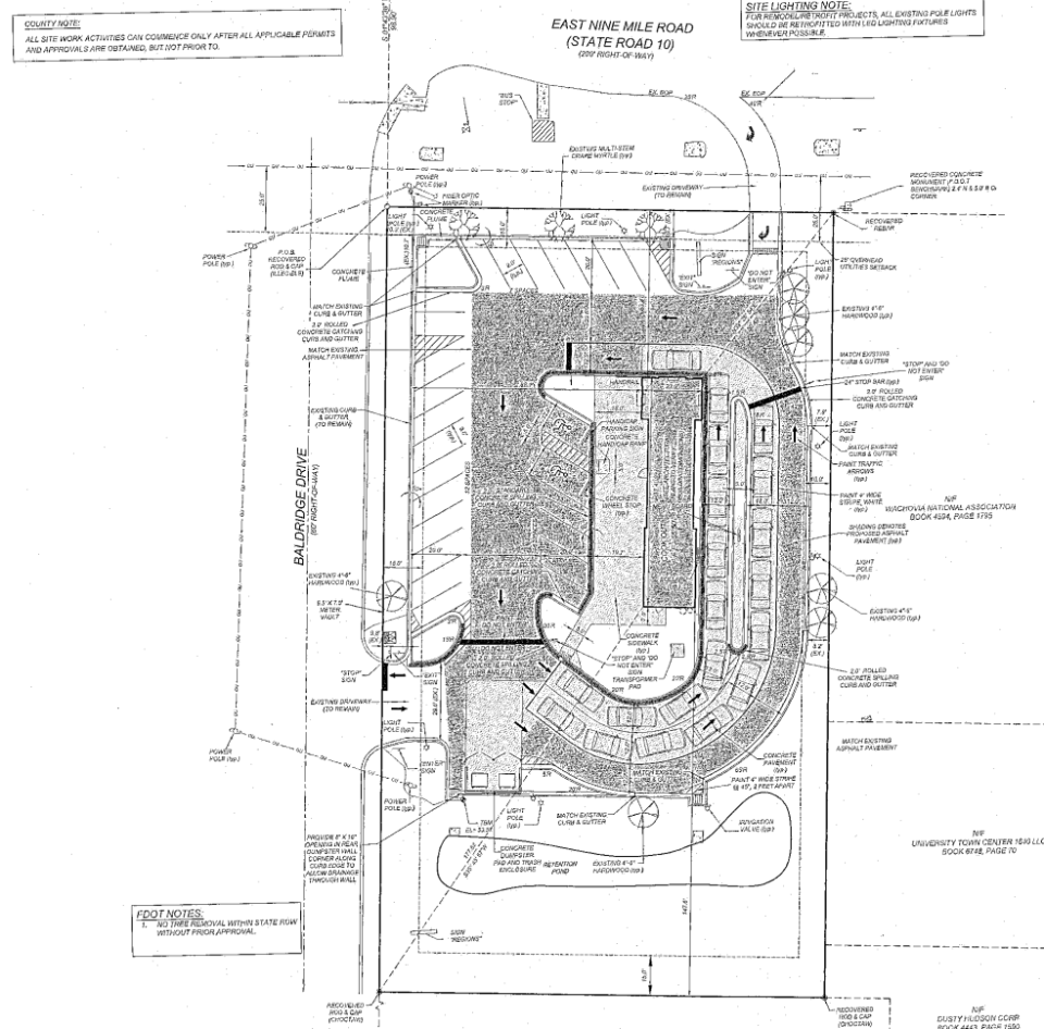 Construction plans for a new Cook Out in Ferry Pass that were approved by Escambia County's Development Review Committee last year.