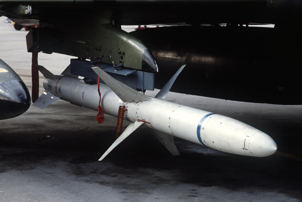 A view of an AGM-88 HARM high-speed anti-radiation missile mounted beneath the wing of a 37th Tactical Fighter Wing F-4G Phantom II 