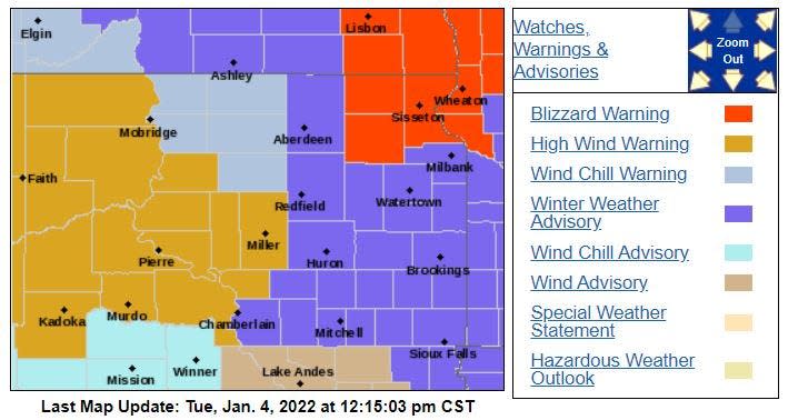 Storm warnings and advisories for the area.