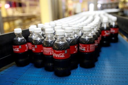 FILE PHOTO: Plastic Coca Cola bottles on the production line at a Coca Cola factory in Nairobi