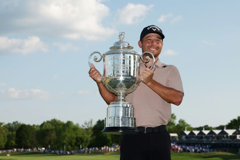 American Xander Schauffele, posing with the Wanamaker Trophy after winning his first major title at last month's PGA Championship, returns to competition at this week's PGA Memorial tournament (Christian Petersen)