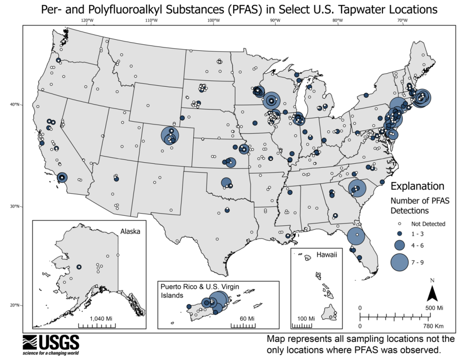 This USGS map shows the number of PFAS detected in tap water samples from select sites across the nation. The findings are based on a USGS study of samples taken between 2016 and 2021 from private and public supplies at 716 locations. The map does not represent the only locations in the U.S. with PFAS.