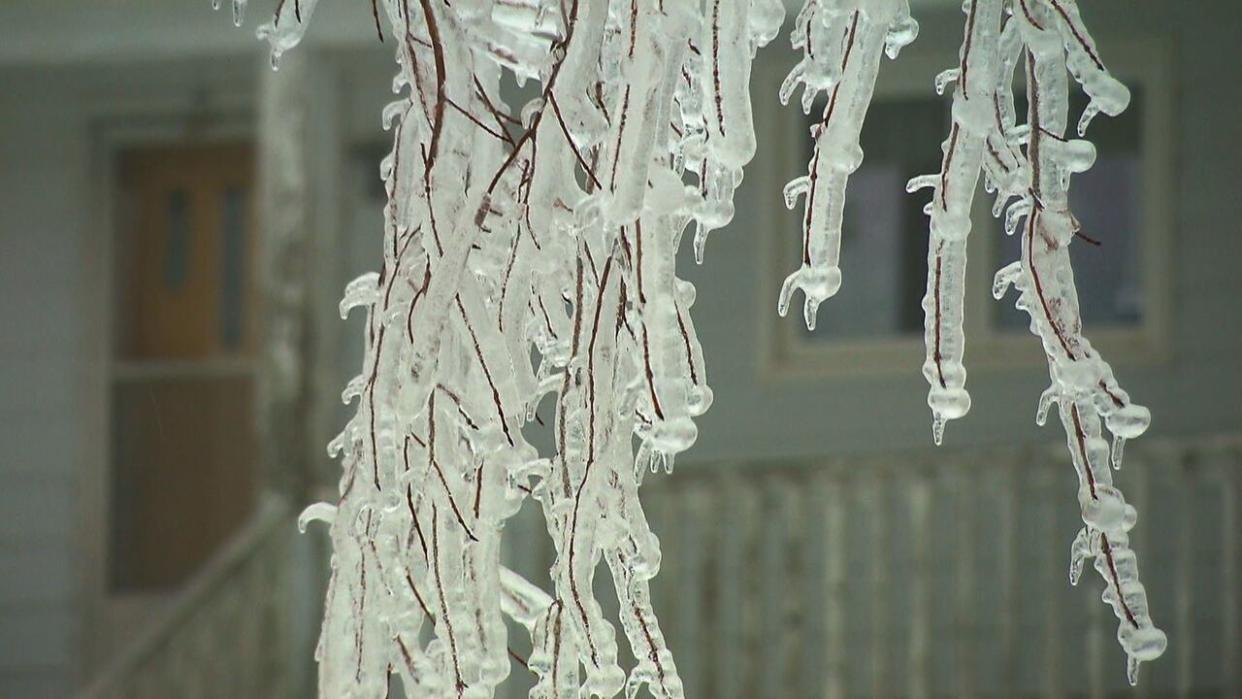Freezing rain and ice pellets could fall during the switchover from rain to snow, the forecast for New Brunswick says. Ice accumulation, which can occur with ice pellets, is seen here in a file photo taken in the Lutes Mountain area. (Pierre Fournier/CBC - image credit)