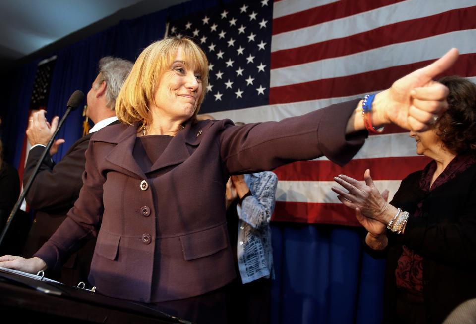 Incumbent Gov. Maggie Hassan, D-N.H. acknowledges supporters in Manchester, N.H. on Tuesday, Nov. 4, 2014 after winning re-election. 