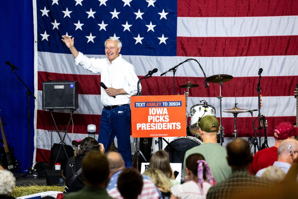 Republican presidential candidate Asa Hutchinson speaks during the Ashley's BBQ Bash fundraiser, Sunday, Aug. 6, 2023, at Hawkeye Downs in Cedar Rapids, Iowa.