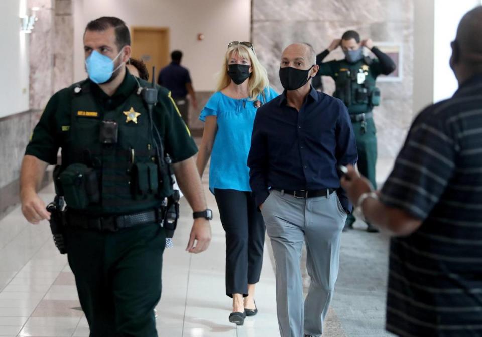 Annika and Mitch Dworet, the parents of slain student Nicholas Dworet walk into the courtroom for a possible plea agreement for Parkland school shooter Nikolas Cruz at the Broward County Courthouse in Fort Lauderdale.