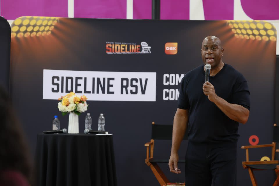 Los Angeles Lakers legend Earvin “Magic” Johnson speaks as he and GSK are joined by health care professionals and patient advocates to educate and raise awareness on the risk of respiratory syncytial virus (RSV) infection for people 60 and older at the Crenshaw Family YMCA in Los Angeles Tuesday, Oct. 17, 2023.