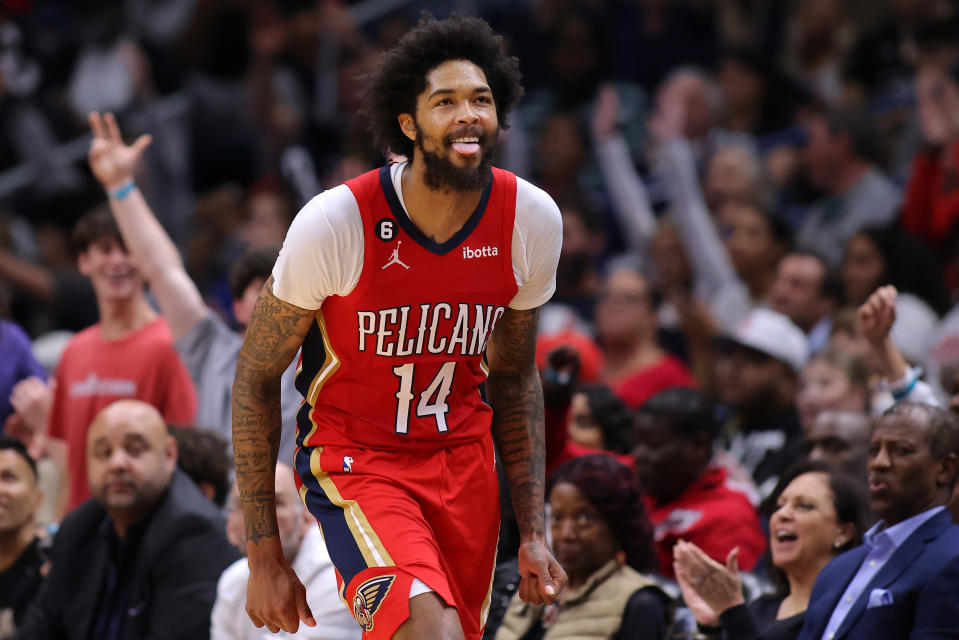 NEW ORLEANS, LOUISIANA - NOVEMBER 04: Brandon Ingram #14 of the New Orleans Pelicans celebrates during the second half against the Golden State Warriors at the Smoothie King Center on November 04, 2022 in New Orleans, Louisiana. NOTE TO USER: User expressly acknowledges and agrees that, by downloading and or using this Photograph, user is consenting to the terms and conditions of the Getty Images License Agreement. (Photo by Jonathan Bachman/Getty Images)