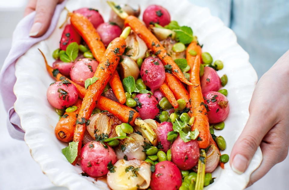 <p>Tesco Real Food</p><p>This easy roast side dish is brimming with delicious spring flavors and combines radishes, Tendersweet carrots and baby broad beans with a sweet mint dressing—the perfect side dish for a celebratory Easter lunch.</p><p><strong>Get the recipe: <a href="https://realfood.tesco.com/recipes/glazed-spring-vegetables-with-mint-dressing.html" rel="nofollow noopener" target="_blank" data-ylk="slk:Glazed Spring Vegetable with Mint Dressing;elm:context_link;itc:0;sec:content-canvas" class="link ">Glazed Spring Vegetable with Mint Dressing</a></strong></p>