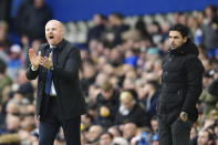 Everton's head coach Sean Dyche, left, and Arsenal's manager Mikel Arteta during the English Premier League soccer match between Everton and Arsenal at Goodison Park in Liverpool, England, Saturday, Feb. 4, 2023. (AP Photo/Jon Super)