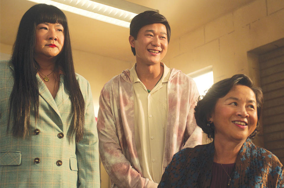 From left: Yang as Xing, Sam Song Li as Bruce Sun and Toy Lei as Auntie Victoria on Netflix’s The Brothers Sun, created by Brad Falchuk and Byron Wu.