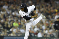 Detroit Tigers relief pitcher Jose Urena throws against the Kansas City Royals in the fifth inning of a baseball game, Friday, Sept. 24, 2021, in Detroit. (AP Photo/Jose Juarez)