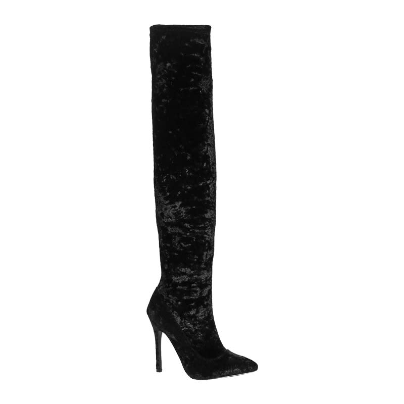 <a rel="nofollow noopener" href="http://rstyle.me/n/b3uqzajduw" target="_blank" data-ylk="slk:Keira Velvet Thigh High Pointed Boot, Boohoo, $70;elm:context_link;itc:0;sec:content-canvas" class="link ">Keira Velvet Thigh High Pointed Boot, Boohoo, $70</a>