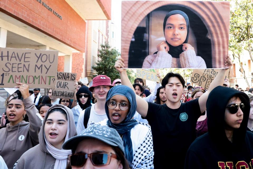 PHOTO: USC students participate in a silent march in support of Asna Tabassum, whose graduation speech has been cancelled by USC administration at University of Southern California, on April 18, 2024, in Los Angeles. (Wally Skalij/Los Angeles Times via Getty Images)