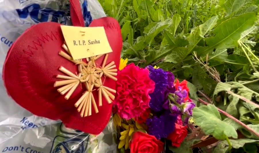 A note reading “RIP Sasha” was left at a makeshift memorial in Napa. (KRON4 Photo / Jack Molmud)