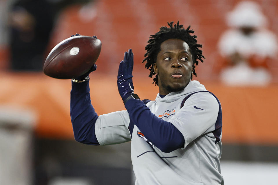 Denver Broncos quarterback Teddy Bridgewater warms up before an NFL football game against the Cleveland Browns, Thursday, Oct. 21, 2021, in Cleveland. (AP Photo/Ron Schwane)