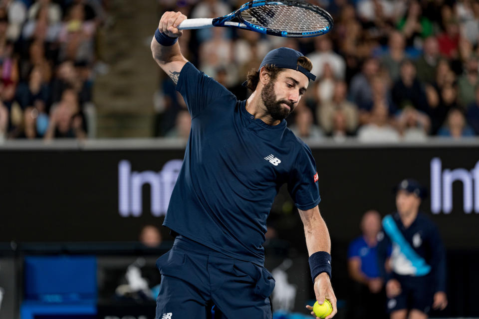 MELBOURNE, AUSTRALIA - JANUARY 17: Jordan Thompson of Australia looks dejected in their round two singles match against Stefanos Tsitsipas of Greece during day four of the 2024 Australian Open at Melbourne Park on January 17, 2024 in Melbourne, Australia. (Photo by Andy Cheung/Getty Images)