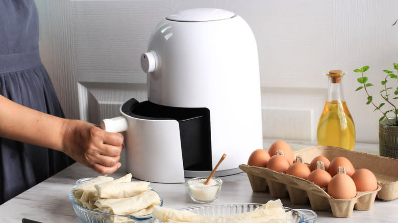 White air fryer surrounded by ingredients