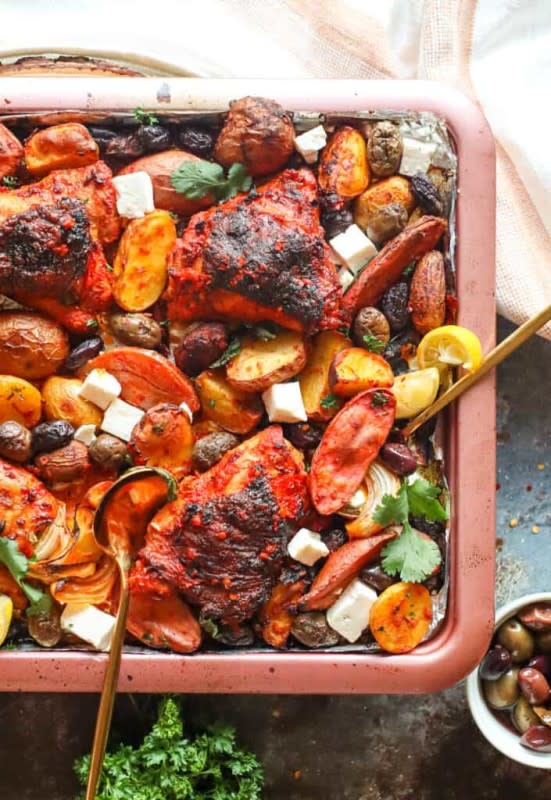 <p>Good Food Baddie</p><p>Sheet Pan Harissa Chicken with Olives, Potatoes, and Feta Cheese is a delightful meal that is easy to whip up and ready in no time! Simply place all of your ingredients on one sheet pan, bake, and enjoy a flavorful, filling meal!</p><p><strong>Get the recipe: <a href="https://goodfoodbaddie.com/sheet-pan-harissa-chicken-with-olives-potatoes-and-feta-cheese/" rel="nofollow noopener" target="_blank" data-ylk="slk:Sheet Pan Harissa Chicken with Olives, Potatoes, and Feta Cheese;elm:context_link;itc:0;sec:content-canvas" class="link ">Sheet Pan Harissa Chicken with Olives, Potatoes, and Feta Cheese</a></strong></p>