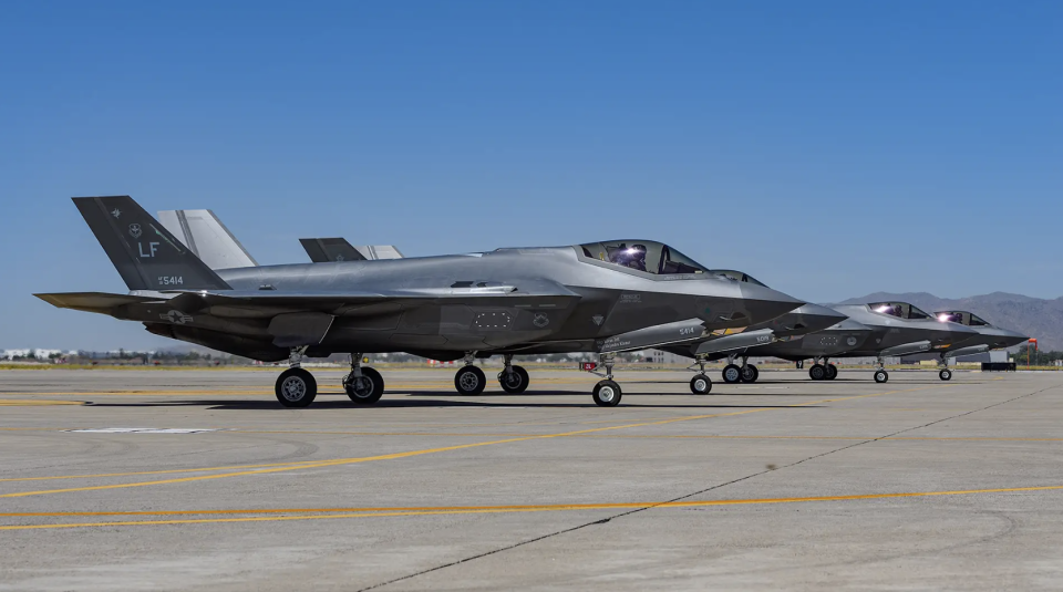 Four F-35As of Luke AFB’s 56th Fighter Wing, one of two Air Force F-35 training locations, now to be joined by a third at Kingsley Field. <em>Jamie Hunter</em><br>