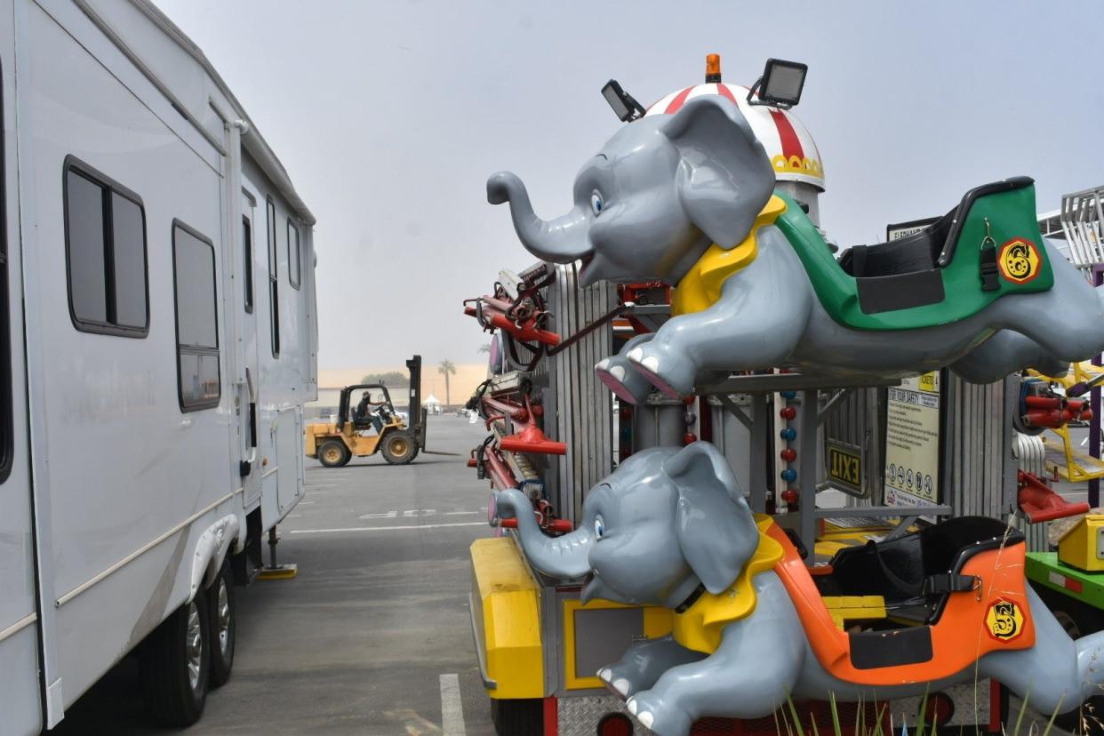 Carnival rides were parked in a corner of the Ventura County Fairgrounds Tuesday waiting for the cleanup from the X Games to be completed. The games ended Sunday.