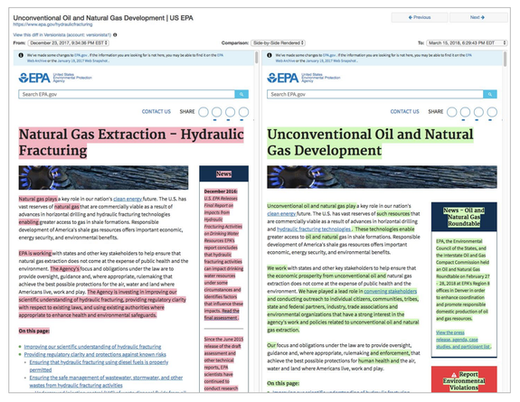 A Wayback Machine archive of the EPA's fracking page before and after the Trump administration made its changes.