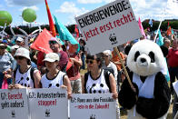 <p>Ein als Panda kostümierter Teilnehmer hält auf der Demonstration in München ein Schild mit der Aufschrift "Energiewende: jetzt erst recht" in die Höhe. (Foto: Sven Hoppe/dpa)</p> 