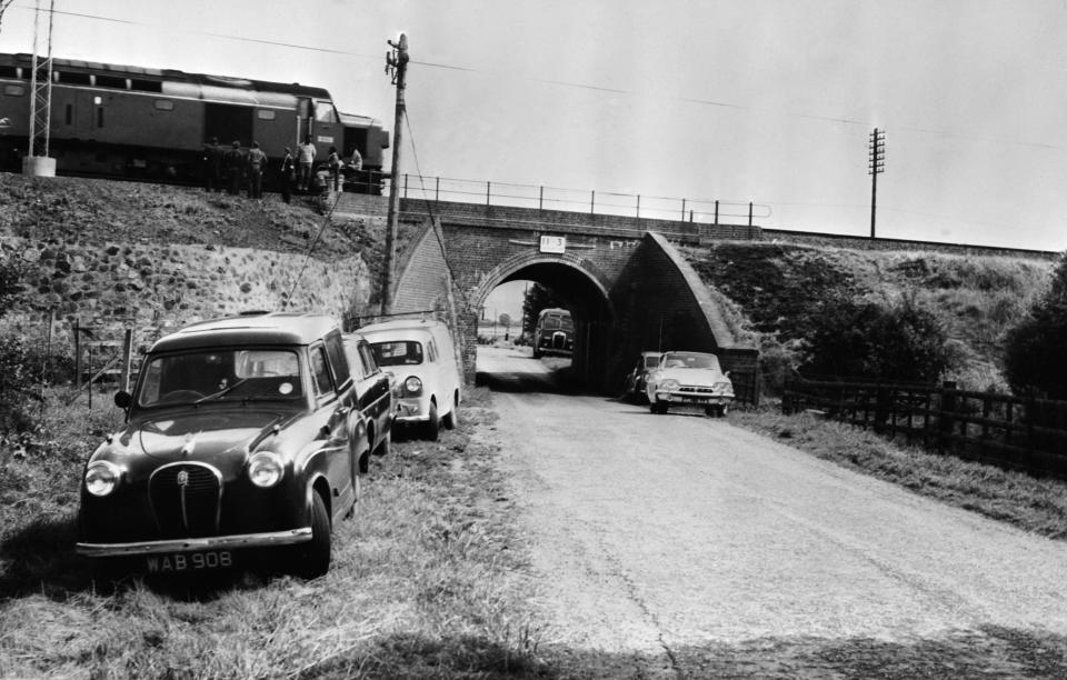 8th August 1963:  The Mail Train which was stopped on a bridge during 'The Great Train Robbery' so that it could be unloaded.  (Photo by Keystone/Getty Images)
