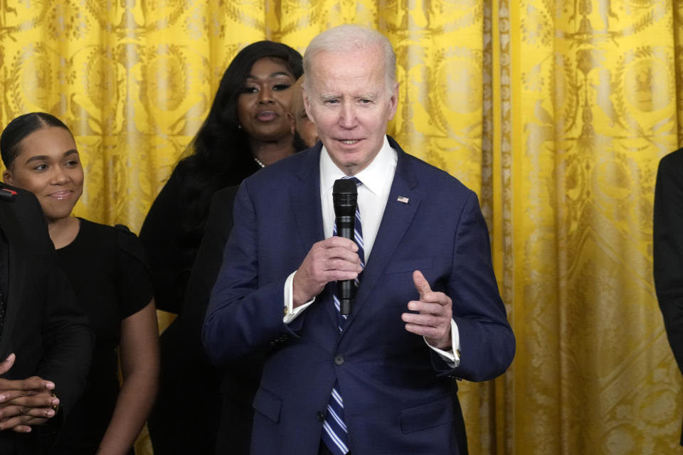 President Joe Biden speaks at an event to celebrate Black History Month, Monday, Feb. 27, 2023, in the East Room of the White House in Washington. (AP Photo/Alex Brandon)