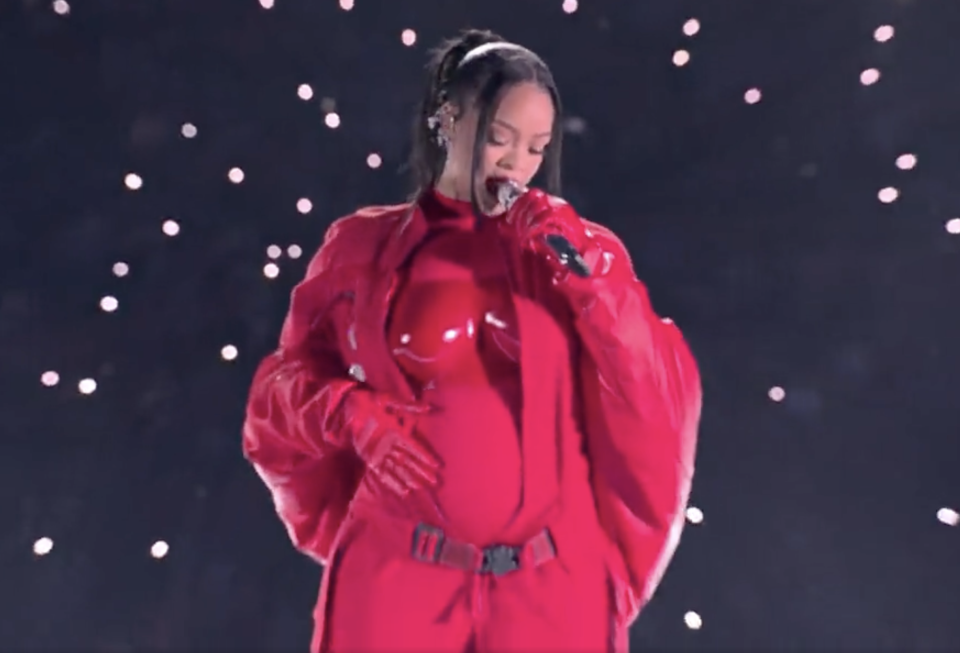 Rihanna performs at Super Bowl LVII.