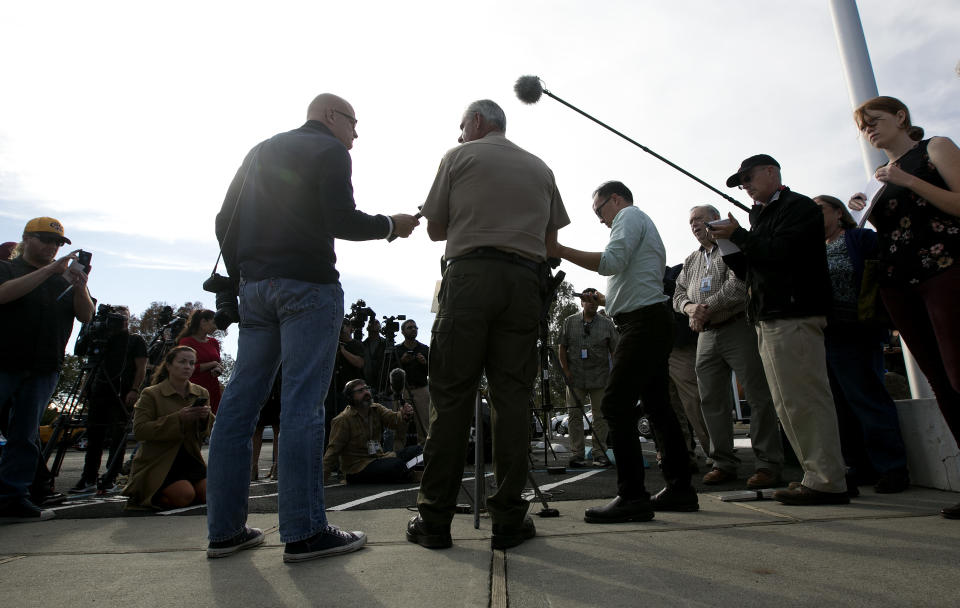 <p>Phil Johnston, center, the assistant sheriff for Tehama County, briefs reporters on the shootings near the Rancho Tehama Elementary School, Tuesday, Nov. 14, 2017, in Corning, Calif. Law enforcement says that five people, including the shooter were killed, and several people including some children were injured and taken to area hospitals. (AP Photo/Rich Pedroncelli) </p>