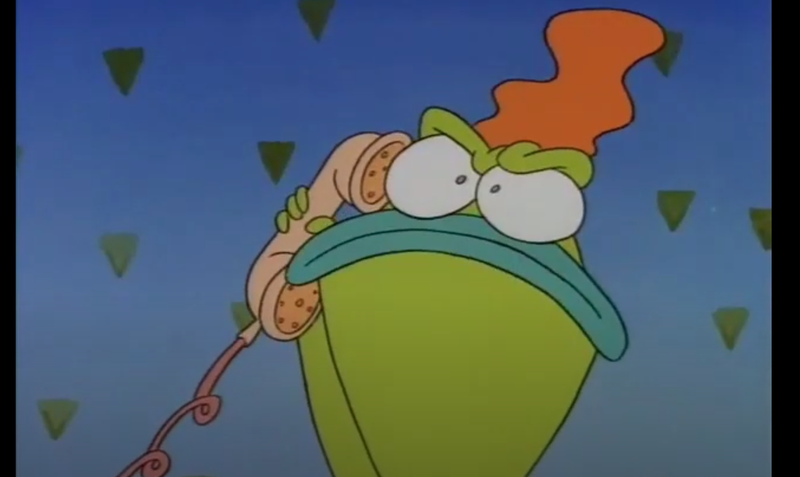 A cartoon anthropomorphized frog woman is on the phone.