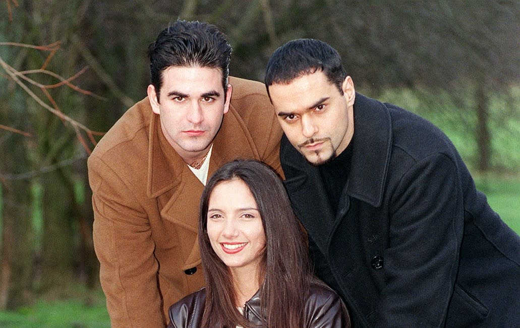 The Di Marco brothers Beppe and Gianni played by Marc Bannerman, Michael Greco and sister Teresa played by Leila Birch. (PA)