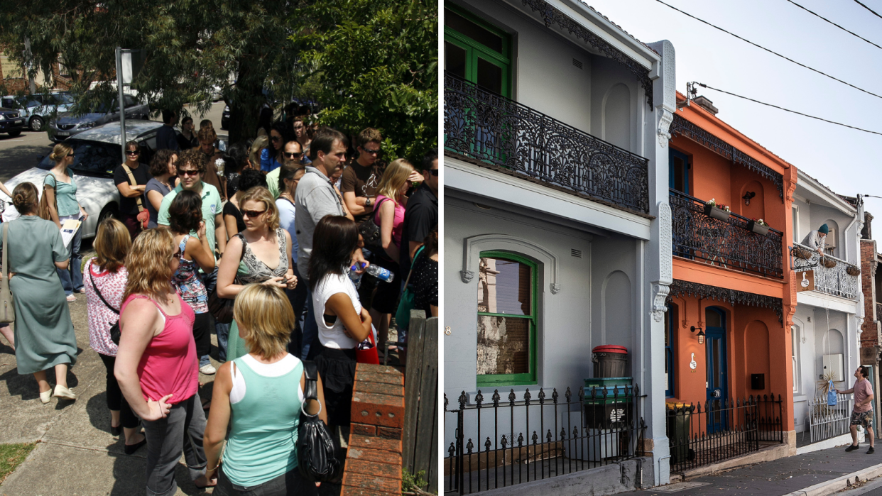 A composite image of people lining up to inspect a rental property and a row of terrace houses in an Australian inner-city suburb.