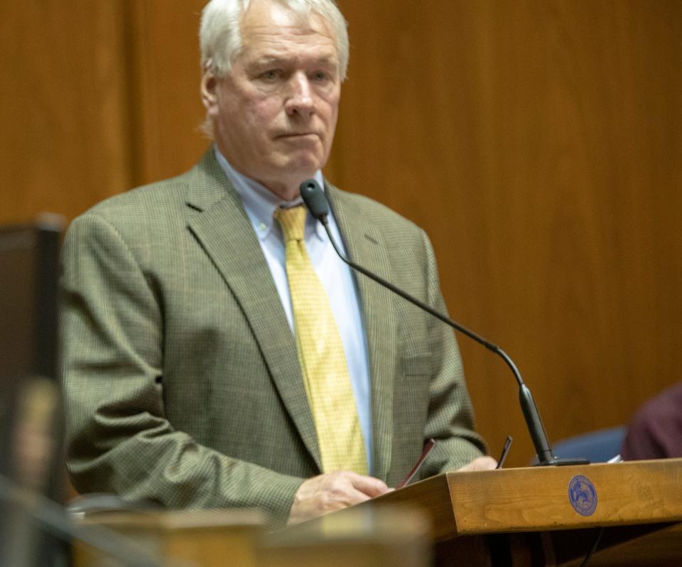 John Keeler, general counsel for Spectacle Entertainment, talks about his company's desire to move two of their casino licenses during discussion about gaming in the House Public Policy Committee, Indiana Statehouse, Indianapolis, Wednesday, March 20, 2019. 