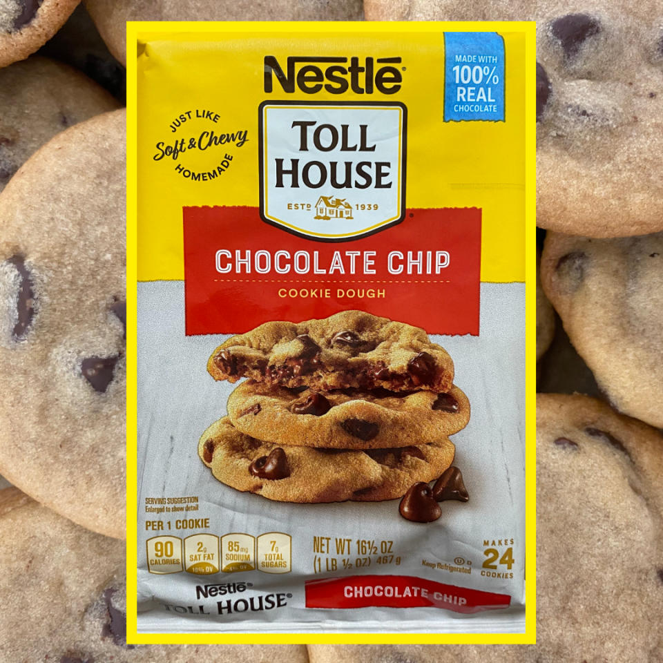 Nestlé Toll House Chocolate Chip Cookie Dough package surrounded by baked cookies