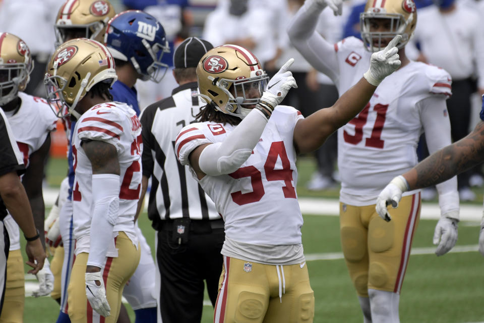 San Francisco 49ers' Fred Warner reacts during the second half of an NFL football game against the New York Giants, Sunday, Sept. 27, 2020, in East Rutherford, N.J. (AP Photo/Bill Kostroun)