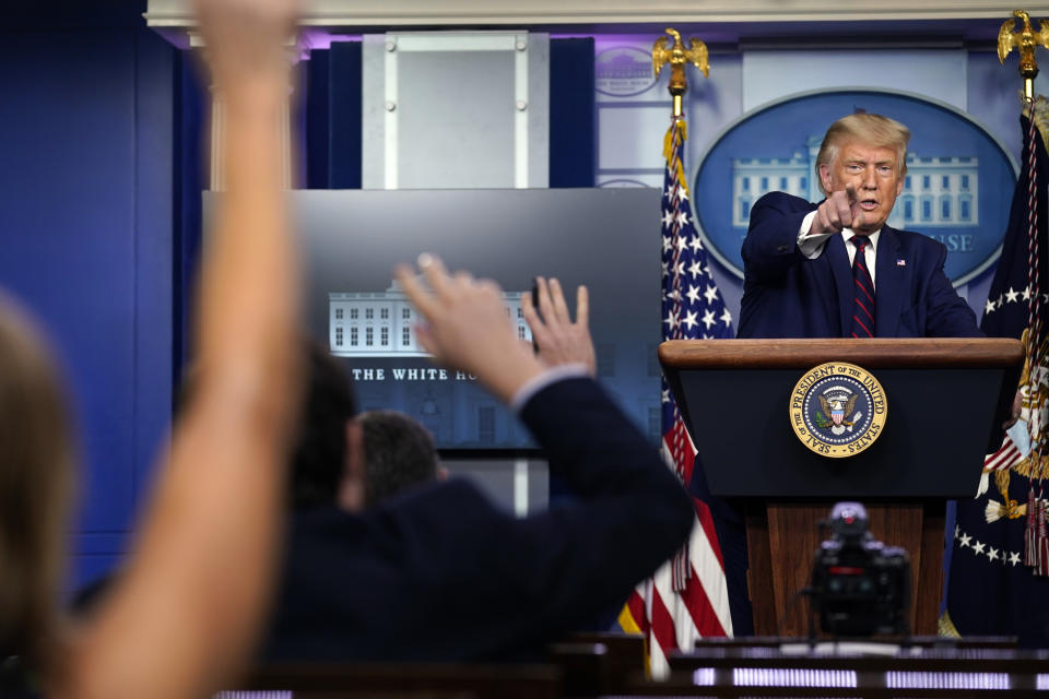 President Donald Trump takes questions as he speaks during a news conference in the James Brady Press Briefing Room at the White House, Friday, Sept. 4, 2020, in Washington. (AP Photo/Evan Vucci)