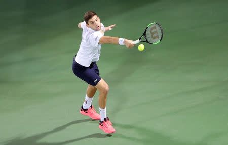 Tennis - ATP - Dubai Open - Semifinal - Dubai, United Arab Emirates - March 2, 2018. Filip Krajinovic of Serbia in action against Lucas Pouille of France. REUTERS/Ahmed Jadallah