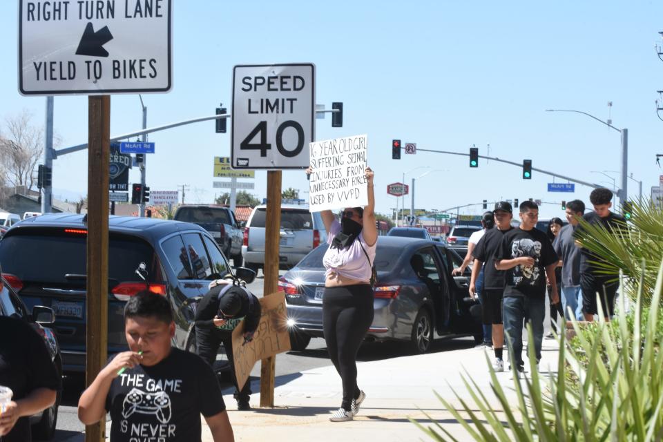 A protest was held in Victorville on Sunday, Sept. 24, 2023 in response to a 16-year-old girl being forcefully slammed to the ground by what appeared to be a uniformed San Bernardino County Sheriff's Department deputy at Victor Valley High School on Sept. 22, 2023.