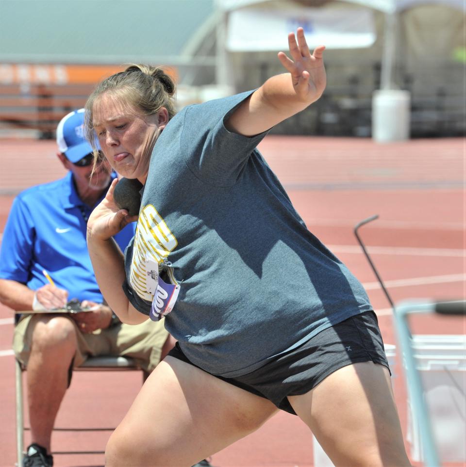 Bushland's Jillian Howell prepares to throw in the 3A Girls Shot Put during the 2022 UIL Track & Field State Championship in Austin on Thursday, May 12, 2022.